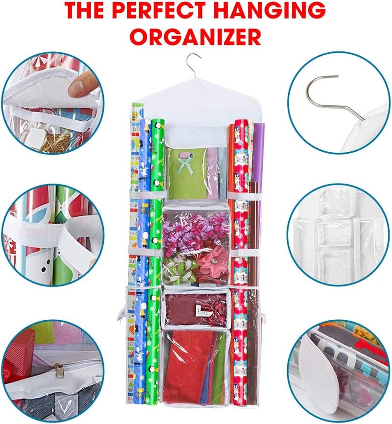 Primode Wrapping Paper Storage Hanging Over the Door Gift Wrap Organizer Double Sided Front and Back Pockets Store Gift Wrap Gift Bags Ribbon Bows Accessories 40”x17” Fits Long 40 Inch Rolls (White) - Image 3